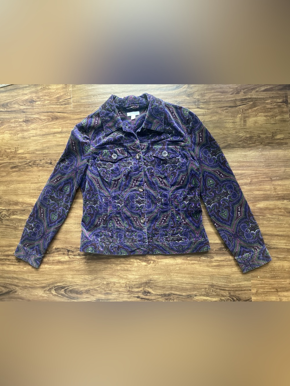 Charter Club Purple Paisley Corduroy Jean Jacket Women’s Size Medium Boho